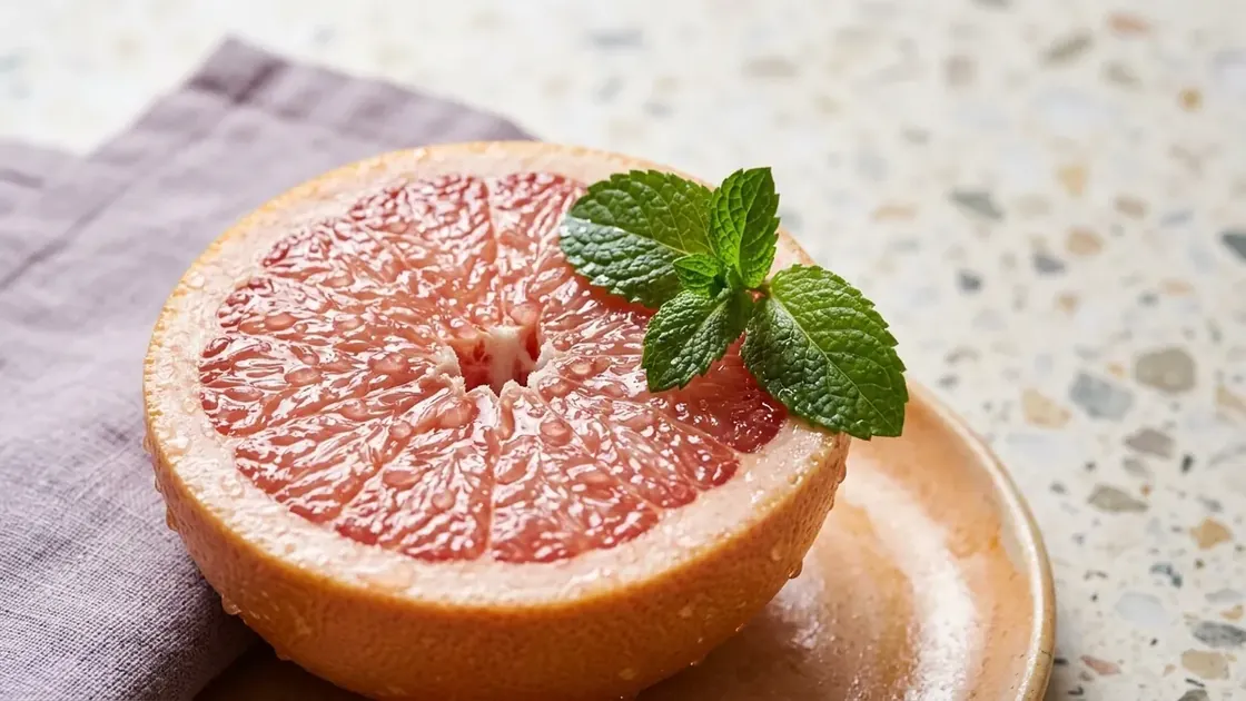 Rozpolený ružový grapefruit s kvapkami vody a lístkom mäty na svetlom terazze. Bazálny metabolizmus ovocie nezrýchli.